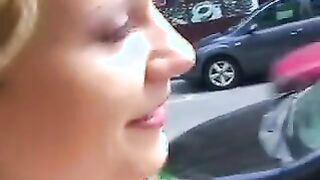 Public blowjob from a blonde in a red dress