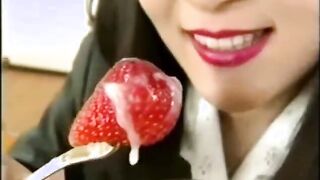 Cum eating teacher snacks on strawberries