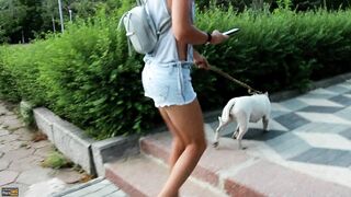 Sexy MILF in blue shorts no bra pitbull walkout [F] [36]