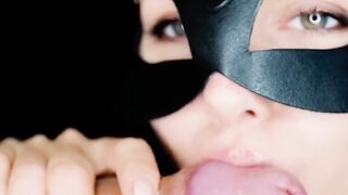 Masked girl gives a sensual blowjob and gets a massive facial