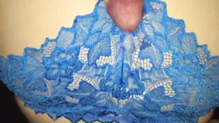 Cumshot on blue lace panties.