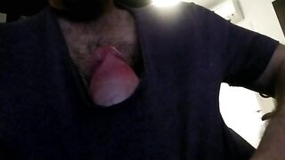 Low cut shirt, long uncut cock