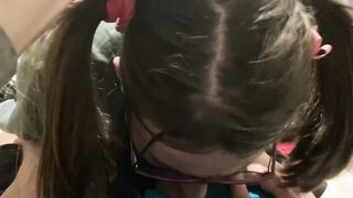 Deepthroating and gagging a cute innocent 18yo with pigtails and glasses